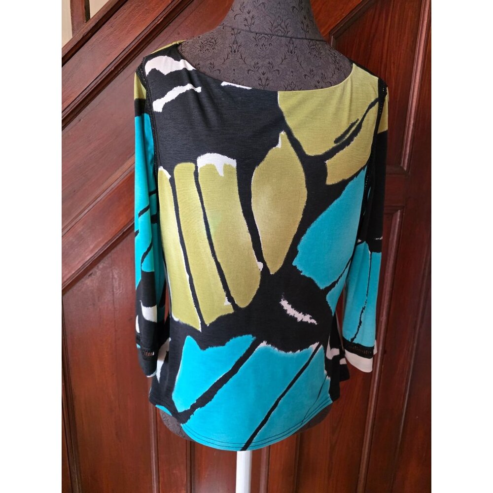 Joseph Ribkoff Womens Abstract Print Top With Crochet Sleeve Detail Size L